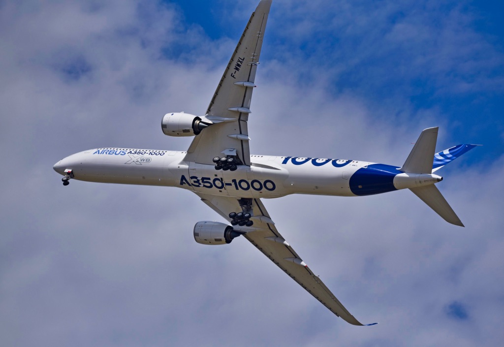 Under fuselage view of the Airbus A350-1000 in flight